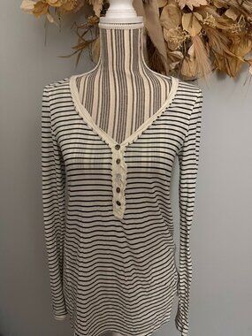Ella Moss Striped Henley Top Small Black Ivory Cotton Modal Long Sleeve